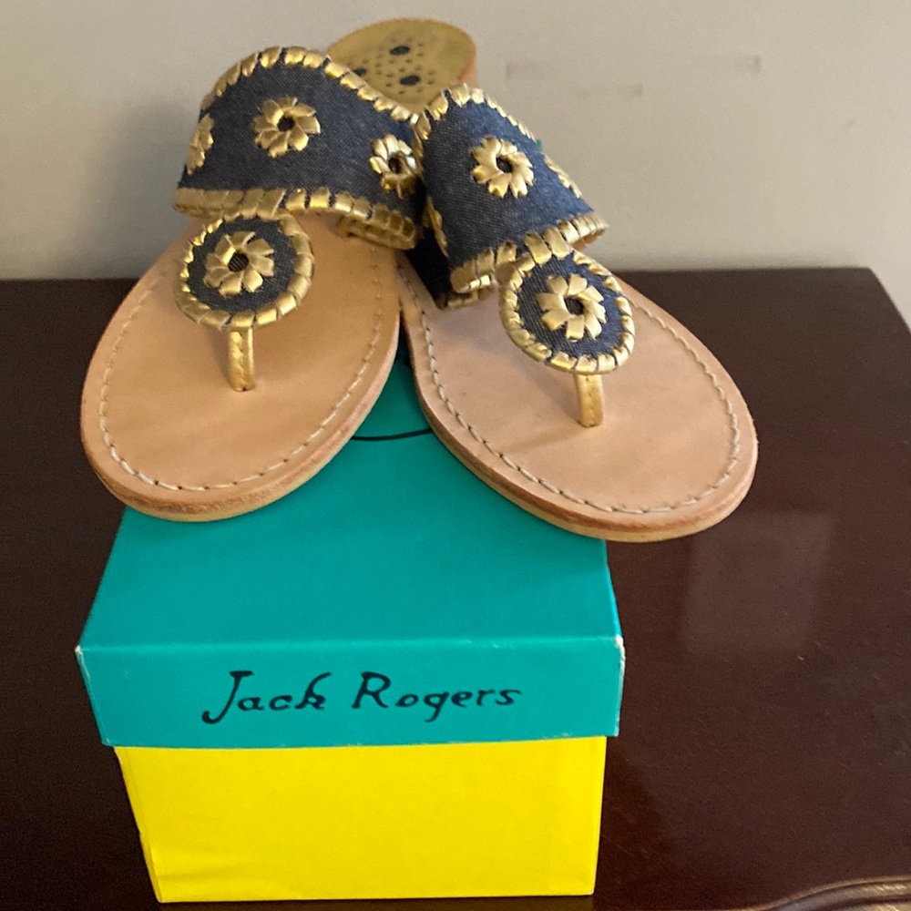 Jack Rogers Denim and Gold Sandals with box.